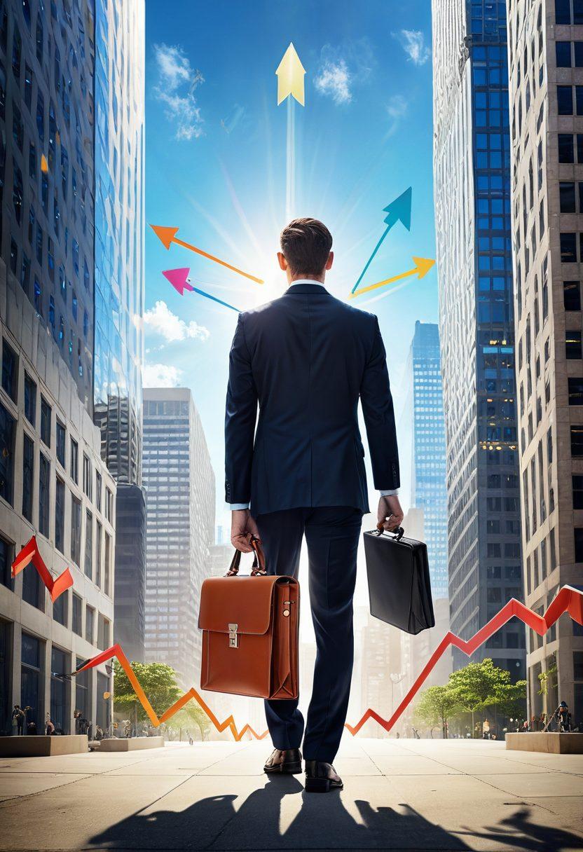 A professional in business attire confidently navigating a maze formed by office buildings and job offers, with arrows pointing towards career advancement opportunities. Include elements like a compass and briefcase, representing guidance and professionalism. The background features a bright, optimistic skyline symbolizing hope and growth. super-realistic. vibrant colors. 3D.