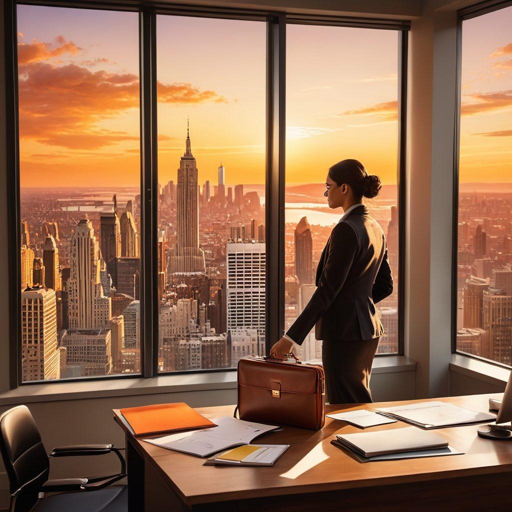 A modern office scene featuring a confident job seeker holding a briefcase, standing in front of a large window overlooking a city skyline. Include motivational elements like a vision board with success strategies, vibrant charts, and a laptop showing job websites. Emphasize professionalism with a touch of optimism using warm lighting and colors to inspire positivity. super-realistic. vibrant colors. 3D.