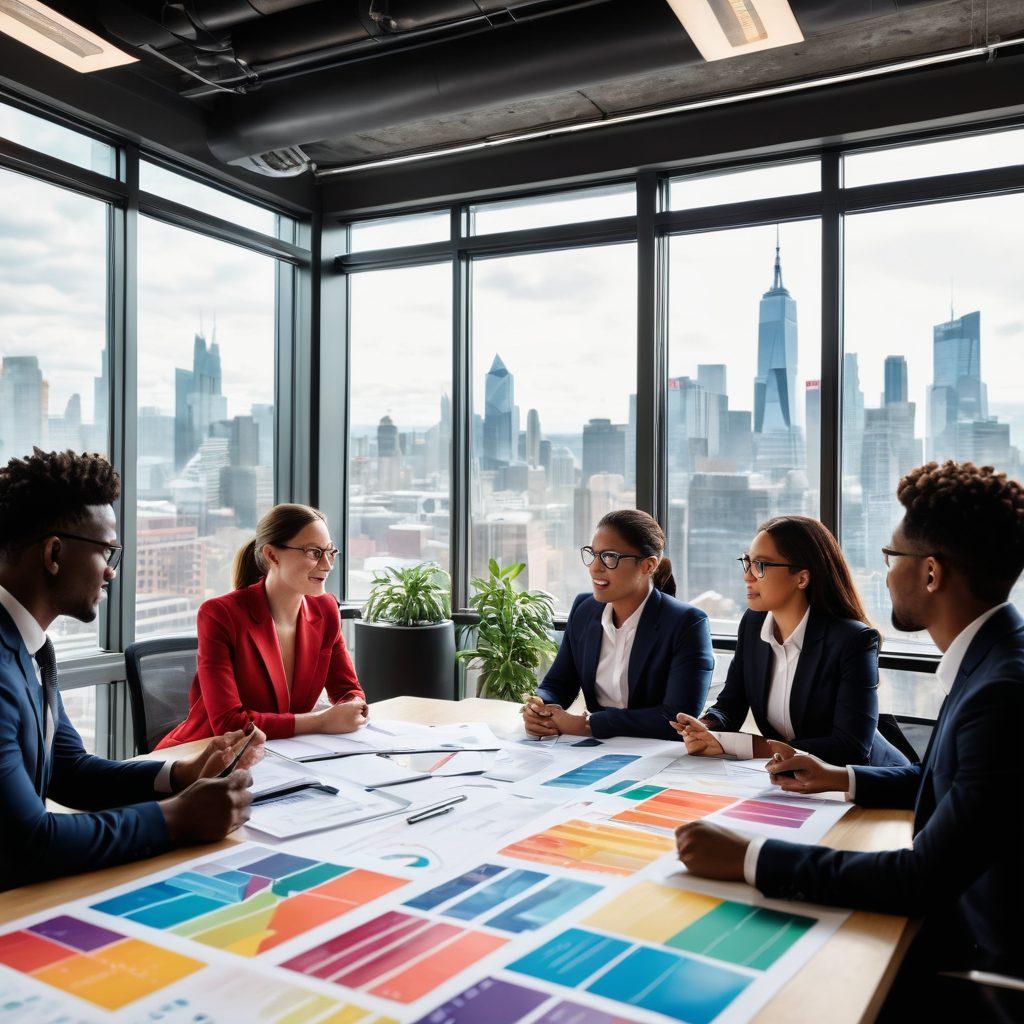 A professional, diverse group of individuals engaged in a strategy meeting, surrounded by tools and resources for recruitment such as laptops, charts, and resumes. The setting should convey a sense of collaboration and innovation, with an inspiring backdrop of a city skyline symbolizing opportunities. Emphasize inclusivity with varied ethnicities and genders. modern office environment. super-realistic. vibrant colors.